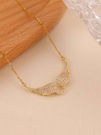 1pc Wing Design Zirconia Inlaid Pendant Necklace For Women, Luxury Jewelry Gift