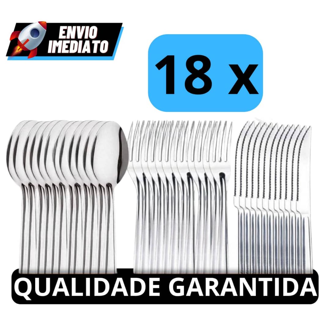 Jogo 18 Talheres de Aço Inox 6 Garfo de Mesa 6 Faca com Serra e 6 Colher de Sopa Para Cozinha e Restaurante