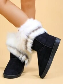 女士蓬松饰边中筒雪地靴，户外时尚保暖靴，适合秋冬季 - 黑色 - 查看 2
