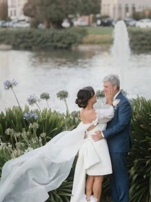 一件白色欧根纱新娘婚纱，泡泡袖，配200厘米拖尾披肩 - 彩色 - 查看 4