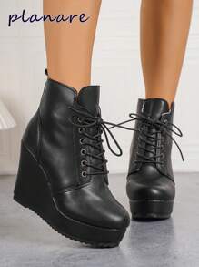 Women's Motorcycle Boots, Short Shaft Boots With Thick Heel, Slip-On Lace-Up Thick Sole Platform Ankle Boots, Comfortable Round Toe Black Shoes, Rubber Ankle Boots And Booties For Autumn/Winter, Women's Fashion Boots And Shoes,Match Red Dress