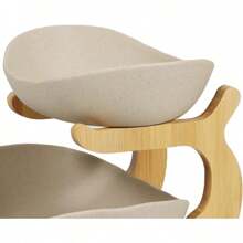 HaroldDol 3-Tier Fruit Rack Ceramic Serving Bowls With Bamboo Wood Bracket Kitchen Porcelain Fruit Bowl For Vegetable Storage,Snack Dessert Cake Tray Plate Rack For Party Wedding The Best Gift/Present For Family&Friends Happy Christmas - Khaki - View 7