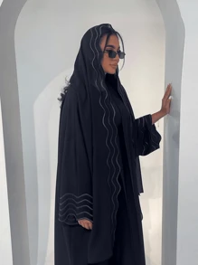 Women 2pcs Set Gray Long Robe With Striped Embroidered Cardigan And Headscarf, Modest Abaya