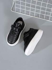 Toddler Boy White Solid Color Sport Shoes, Flat Bottom, Spring/Autumn, Suitable For Sports, Party, Holiday, Casual Wear With Hook And Loop & Elastic - Black - View 6