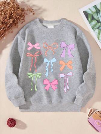 سويت شيرت بطبعة فيونكة للفتيات الصغيرات، تي شيرت برقبة دائرية وأكمام طويلة، ملابس مريحة كاجوال لفصل الخريف