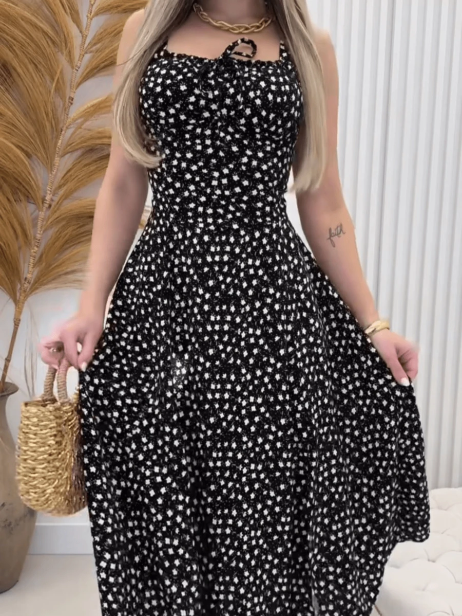Women's Floral Dress With Slit Summer 2025 - 黑色 - 查看 1