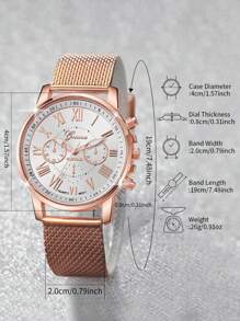 5 件/套女士塑料网状表带简约三眼罗马刻度石英腕表和手链套装 - 玫瑰金 - 查看 4