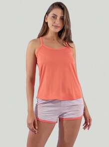 Women's Short Pajamas Striped Shorts And Plain Tank Top Mesh Thin Strap Sleepwear - trái cam - Xem 3