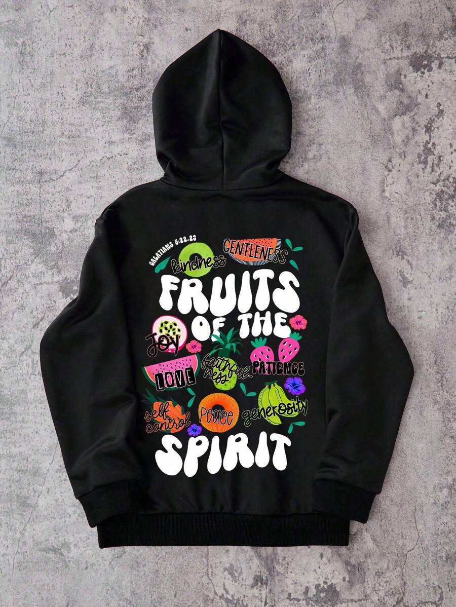 Lässiges Langarm T-Shirt mit Obst- und Buchstaben-Muster, Sweatshirt, T-Shirt, Pullover für Teenager Mädchen - Schwarz - Übersicht 1