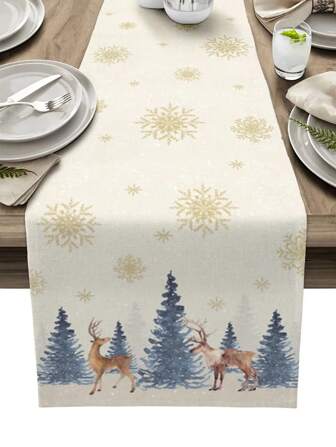 طاولة عداء كتان بطبعات نجوم الثلج والغزلان للأعياد ، ديكور حفلة عيد الميلاد ،عداء طاولة مطبخ وسفرة لعيد الميلاد والشتاء والزينة