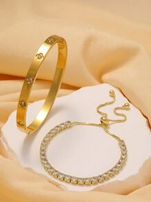 Fashionable Stainless Steel Star Pattern Bracelet With Zirconia, Adjustable Size, Suitable For Women Daily Wear - Yellow Gold - View 2