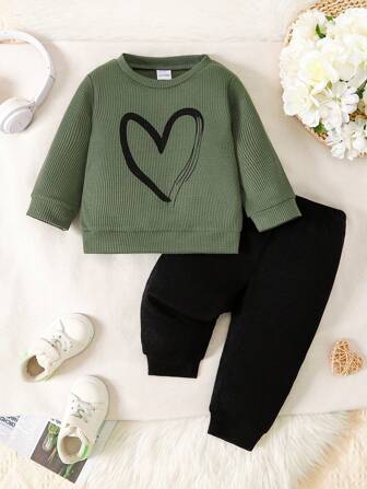 2st/set Baby Girls Waffle Heart Mönster Crew Neck Långärmade Toppar & Enfärgade Byxor Casual Outfits, College Style för vår och höst, alla hjärtans dag