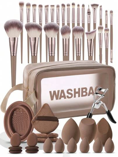 46件套专业化妆刷套装，包含25支化妆刷（粉底刷、散粉刷、腮红刷、高光刷、眼影刷、睫毛刷、眼线刷、轮廓刷、细节刷）、3个化妆海绵、3个三角散粉海绵、6个指套海绵、6个迷你化妆海绵、1个刷子清洁碗、1个防水化妆包/收纳袋、1个睫毛夹。适合初学者使用，是化妆刷套装、化妆刷套装、化妆刷套装、完整化妆套装、化妆刷套装、化妆刷套装、化妆礼盒、套装、赠品、专业化妆刷、完整化妆套装的理想之选。
