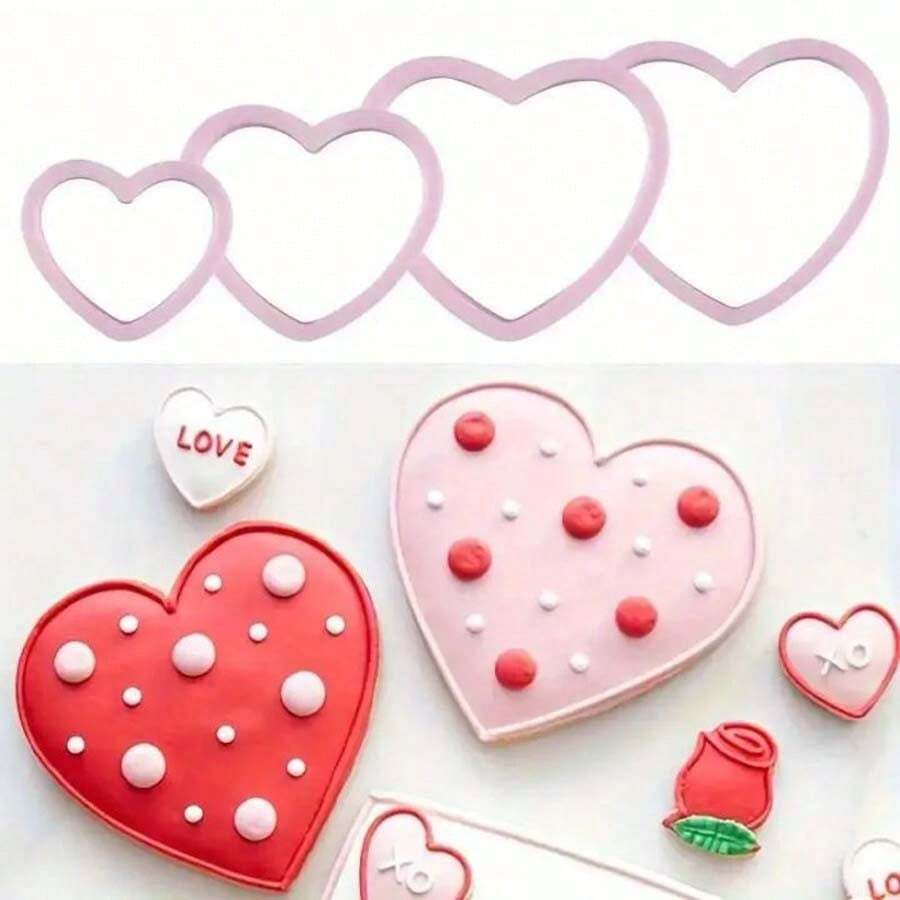 4 Khuôn cắt bánh quy hình trái tim ngày lễ tình nhân Máy làm bánh quy Fondant Khuôn cắt bánh mì Dụng cụ trang trí bánh - Hồng - Xem 1