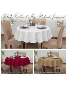 Kit Of 3 Luxury Round Jacquard Tablecloths For Dining Room, 6 Seats - 白色,紅色,金色 - 查看 2