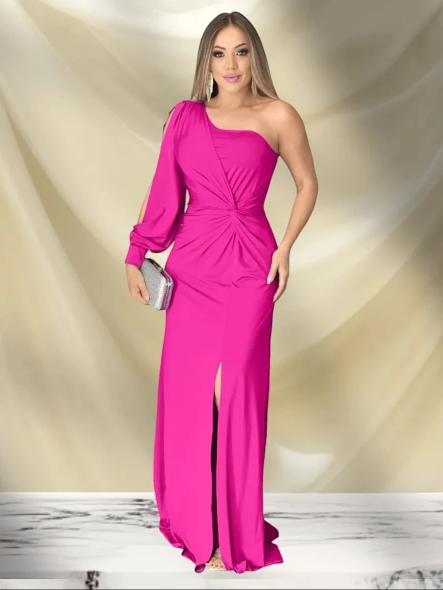 Long Dress With Sleeves For Bridesmaid Wedding Graduation Light Party - Hot Pink - View 1