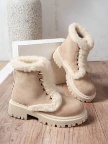 女士时尚休闲厚实保暖米色靴子雪地靴女士时尚百搭仿麂皮绒新款柔软舒适春秋冬米色白色黑色系带绒靴踝靴摩托靴，时尚搭配夹克 - 米色 - 查看 5