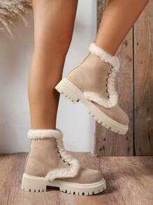 女士时尚休闲厚实保暖米色靴子雪地靴女士时尚百搭仿麂皮绒新款柔软舒适春秋冬米色白色黑色系带绒靴踝靴摩托靴，时尚搭配夹克 - 米色 - 查看 3