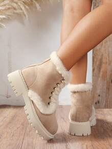 女士时尚休闲厚实保暖米色靴子雪地靴女士时尚百搭仿麂皮绒新款柔软舒适春秋冬米色白色黑色系带绒靴踝靴摩托靴，时尚搭配夹克 - 米色 - 查看 4