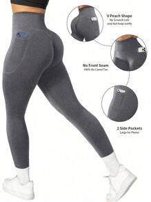 Summer Workout 1pc High Waist Solid Color Yoga Leggings With Pocket, Suitable For Hiking, Outdoor Sports And Casual Wear