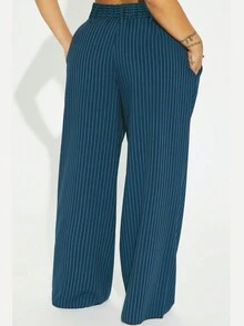 Quần ống rộng kẻ sọc thanh lịch cỡ lớn dành cho nữ mặc công sở, mùa thu/đông - Màu xanh ngọc - Xem 2