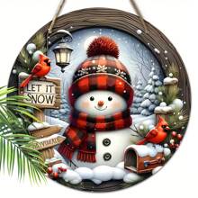 圣诞雪人红衣主教木制标志 2D 浮雕效果圣诞圆形标志适合前门墙壁挂饰理想的圣诞装饰，圣诞节 - 紅色 - 查看 3