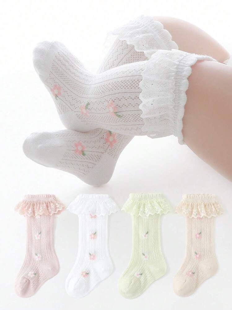 4 Pairs/Set Baby Girls'  Princess Floral Pattern Ruffle Socks, Comfortable, Breathable, Mesh, Lace, Suitable For Daily Casual Wear Or Wedding Season - Multicolor - View 10