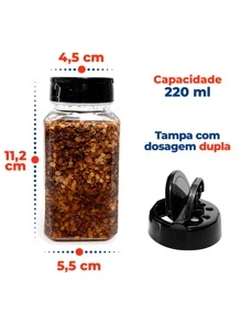10 Porta Tempero 220ml de Plástico Tampa Dosadora Dupla Reforçada para Especiarias Parrilha Sal Grosso Pimenta Temperos Organiza Cozinha Dispensa Armário + Etiquetas