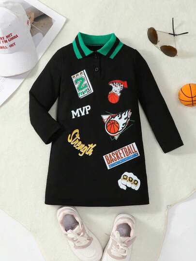 Vestido de gola polo de manga comprida com estampa de basquete para meninas, primavera e outono
