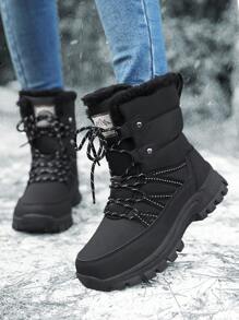 Botas de nieve de forro polar para mujer, botas de invierno de media pantorrilla de moda, botas deportivas de senderismo con cordones para exteriores, zapatos de invierno casuales, color negro