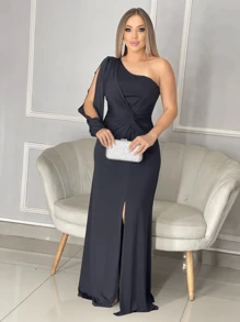 Long Dress With Sleeves For Bridesmaid Wedding Graduation Light Party - Black - View 1