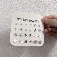 RINTOLER 12 对女士简约雪花、五角星、笑脸、月亮设计耳钉套装 - 銀色 - 查看 7