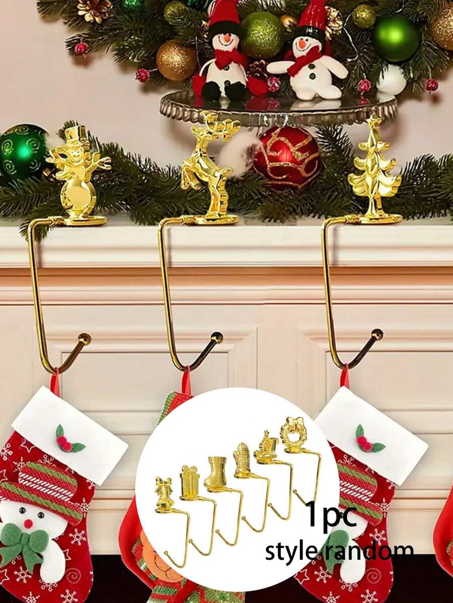 Christmas Party Hook, Christmas Stocking Hook, Metal Fireplace Stocking Pendant, Snowflake Christmas Hook, Random Style, 1 Piece - Gold - View 1