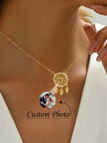 1 件捕梦网照片投影项链、定制照片项链、纪念照片吊坠、送给她的礼物、妈妈项链、情人节礼物 - 金黃色 - 查看 2