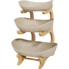 HaroldDol 3-Tier Fruit Rack Ceramic Serving Bowls With Bamboo Wood Bracket Kitchen Porcelain Fruit Bowl For Vegetable Storage,Snack Dessert Cake Tray Plate Rack For Party Wedding The Best Gift/Present For Family&Friends Happy Christmas - Khaki - View 5