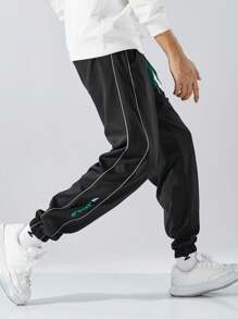 1 quần dài thường ngày dày dặn có dải phản quang cho nam, quần nỉ buộc mắt cá chân dáng rộng cho mùa thu/đông - màu đen - Xem 4