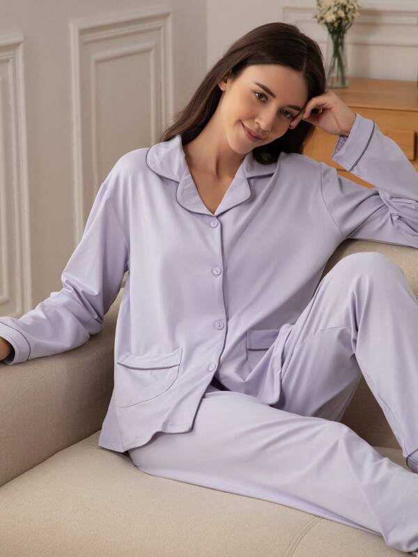 2pcs Simple Casual Purple Women Pajama Set With Top And Pockets, Loose Homewear,Two Pieces Set
