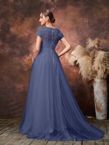 Faeriesty Dressalisa 优雅 V 领蕾丝边孕妇装，搭配透明薄纱 A 字裙和短袖 - 非常适合婴儿洗礼仪式、正式孕妇肖像、教堂聚会、新娘午宴和庆祝晚宴 - 霧霾藍 - 查看 2