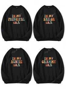Customizable Colorful Text Print Crew Neck Sweatshirt, Personalize With Your Own Text/Name/Greeting, Suitable For Baby/Friend/Couple/Pet Colorful Font, Family Gathering Group Clothing, For Autumn, Women Tops, Black Hoodie, Holiday Gift, Valentine's Day Gift, Anniversary Gift, Wedding Gift, Best Friend Gift