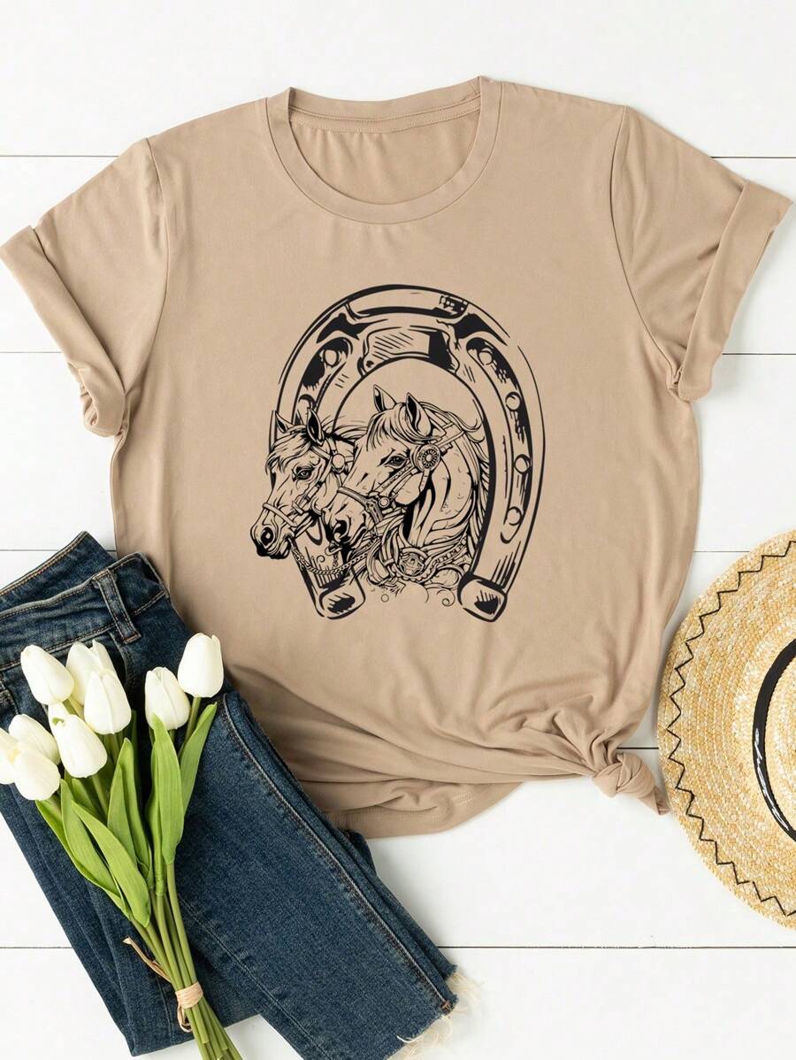 Women's T-Shirt With Horse Print In Cartoon Style - 米色 - 查看 1
