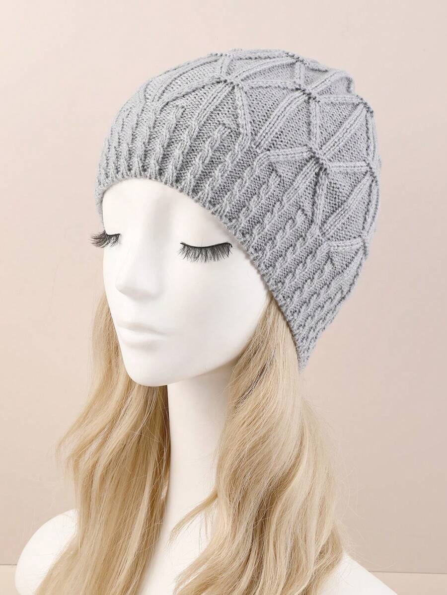 1 件套针织钻石图案休闲复古街头风亚克力嵌花无檐小便帽，单层保暖防风，适合秋冬季骑行 - 淺灰色 - 查看 1
