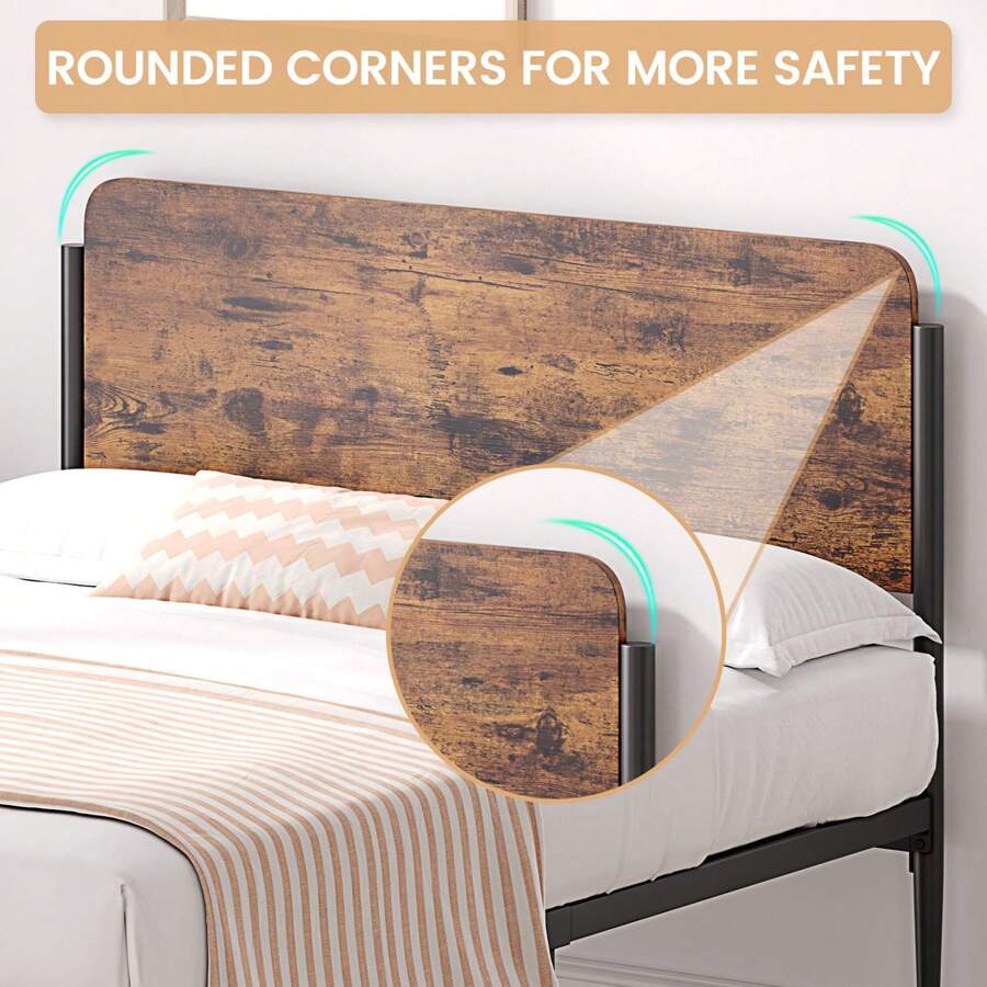Platform Bed Frame With Rustic Vintage Wood Headboard & Safe Rounded