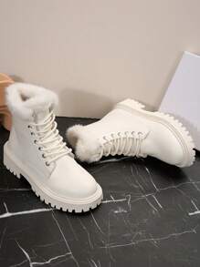 Fall/Winter Women's Fluffy Lining Solid Color Fur Trim Winter Warm Outdoor Ankle Boots, Heated Snow Boots. Fleece Boots - White - View 2