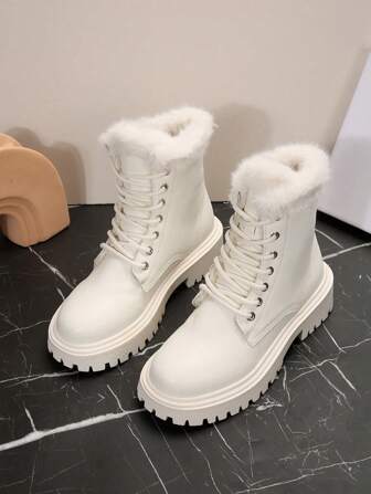 Höst/vinter Dam Fluffigt Foder Enfärgad Pälskant Vinter Varma Utomhusstövlar, Värmande Snökängor. Fleecestövlar