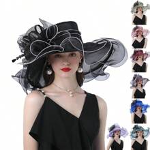 HIMESPORT 优雅的肯塔基德比新娘帽，女士欧根纱宽檐茶会鸡尾酒会小圆帽 - 純色 - 查看 13