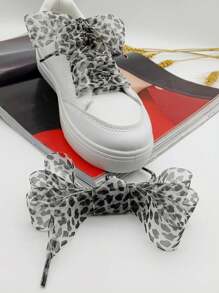 1 对新款豹纹图案缎面薄纱蕾丝鞋带，宽扁豹纹鞋带 - 黑與白 - 查看 1