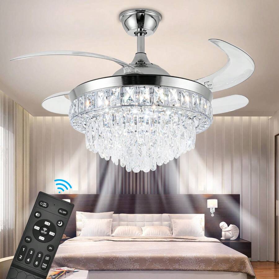Crystal Ceiling Fan With Light,42Inch Crystal Fandelier, Modern