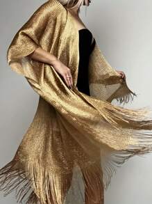 1pc Women's Fashionable Solid Color Loose Cover-Up Shimmering Metallic Net Fringed Kimono Cardigan Tassel-Adorned Party Dress, Semi-Sheer 3/4 Sleeves, Women Swimwear & Festival Wear For Carnival, Music Events, And Holidays Accessories Women