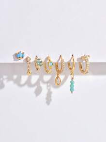 7 件/套优雅绿松石锆石耳钉套装，适合日常、派对、节日约会或参加婚礼 - 金黃色 - 查看 4
