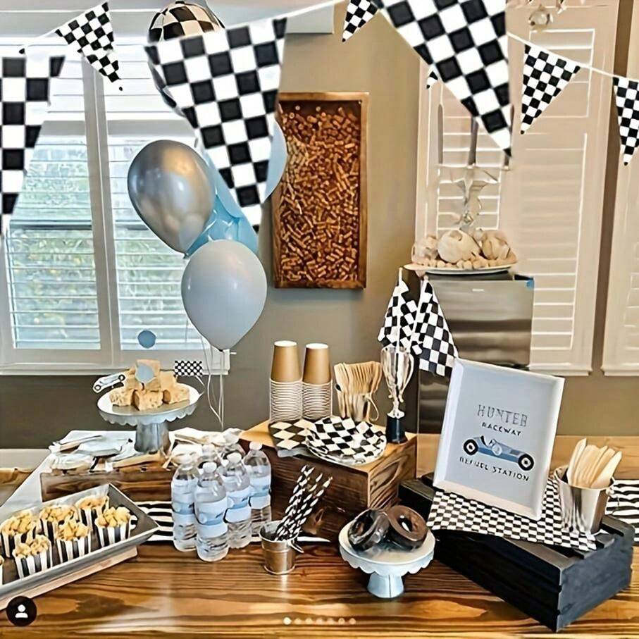 6 Packs Of 10 Black And White Chequered Flags, Decorated For A Race